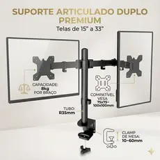 Suporte ajustável para dois monitores, de 13 a 32 polegadas, preto.