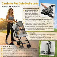Carrinho Pet Dobrável – Leve e Portátil p/ Cães e Gatos, Ideal p/ Passeios