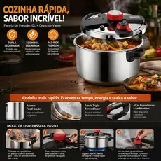 Panela de Pressão Inox 6L 10L - Sistema Antiexplosão - 3 Níveis - Cozimento Rápido e Fácil