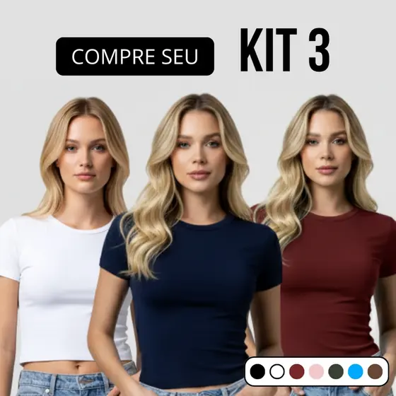 Kit 3 Baby Tee Feminina - Blusa Slim Fit Manga Curta Blusa de Compressão Várias Cores Ajuste Perfeito
