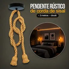 Pendente Rústico de Corda 2M Design Vintage Decorativo Americana 2 Soquetes E27 Teto Bivolt