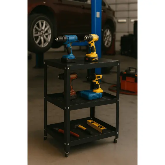 Carrinho Auxiliar Multiuso Preto De Aço Inox/Inox Escovado Para Oficina Mecânica