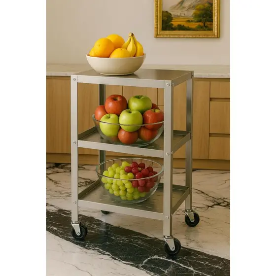 Carrinho Auxiliar Preto De Inox/Inox Escovado Multiuso Para Cozinha E Fruteira Moderna