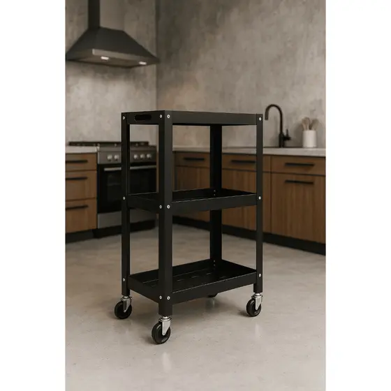 Carrinho Auxiliar Preto Em Inox/Inox Escovado Multiuso Para Cozinha Compacta E Moderna