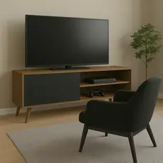 Rack aparador para sala ou cozinha com pés de madeira para tv até 43 polegadas