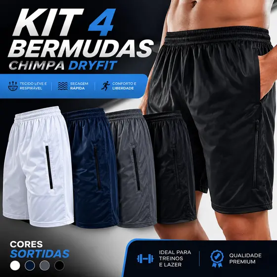 Kit 4 Shorts Bermuda Dry Fit Esportiva Treino Com Ziper no Bolso - Simbolo Refletivo em Alta 2025