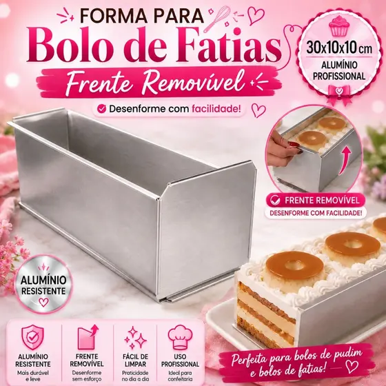 Forma Retangular Bolo Super Fatia 30x10x10cm Alumínio Frente Removível Profissional