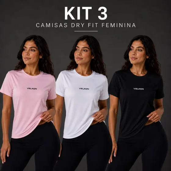 Kit 3 Camiseta DryFit Feminina VELKON P ao GG Tecido Furadinho Respirável Gola Redonda - Casual Academia Corrida