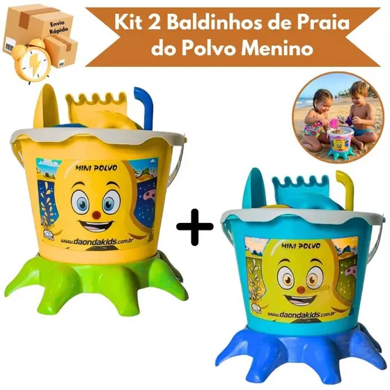 Kit 2 Baldinhos De Areia Do Polvo Infantil Menino Com 5 Acessórios Castelo Praia Pá Bichos