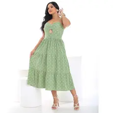 Vestido Midi Feminino Preto Corações Decote Cut Out Alcinha Casual Chic Tecido Crepinho