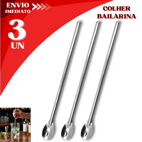 Colheres Bailarina 3/ 2 ou 1 Pçs em Inox para Suco Drinks Coquetel Bebidas Cozinha Restaurante Bar