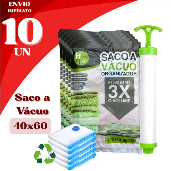 Kit 10 Sacos a Vácuo Reutilizáveis 40x60cm Reduz Volume em até 80% Para Viagem e Guarda-Roupas