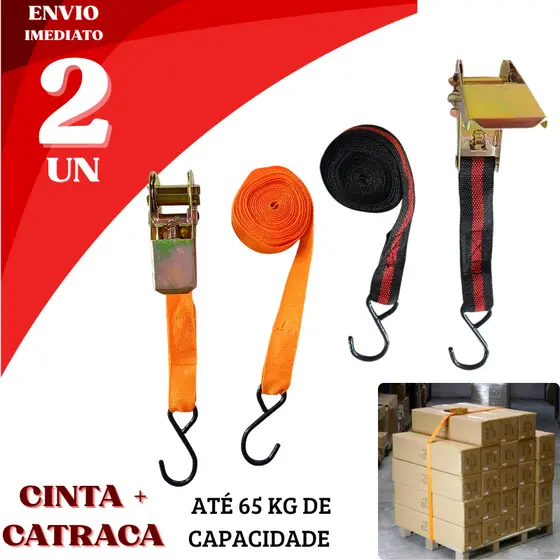 Kit 2 Cintas + Catraca Amarração Reforçada 65kg Gancho em Aço Ajustável Carga Moto Carro Bagageiro