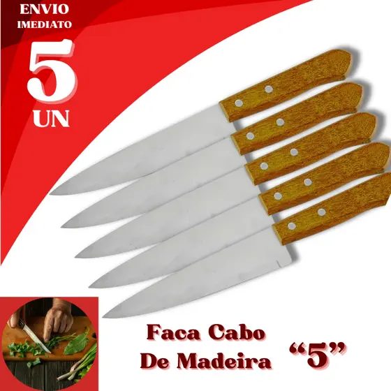 Kit 5 Faca Chef 5” com Cabo de Madeira, Alta Qualidade e Resistência