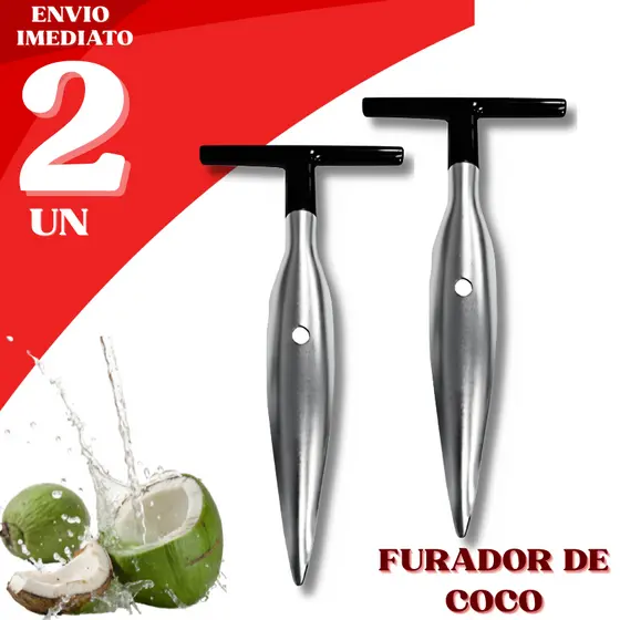 Kit 2 Furador de Coco Aço Inox com Cabo Ergonômico Abridor Fácil Resistente para Coco Verde e Seco
