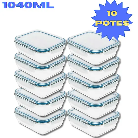 Kit 10 Potes Hermético 1040ml Vidro 4 Travas Marmita Armazenamento De Alimentos Cozinha
