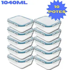 Kit 10 Potes Hermético 1040ml Vidro 4 Travas Marmita Armazenamento De Alimentos Cozinha