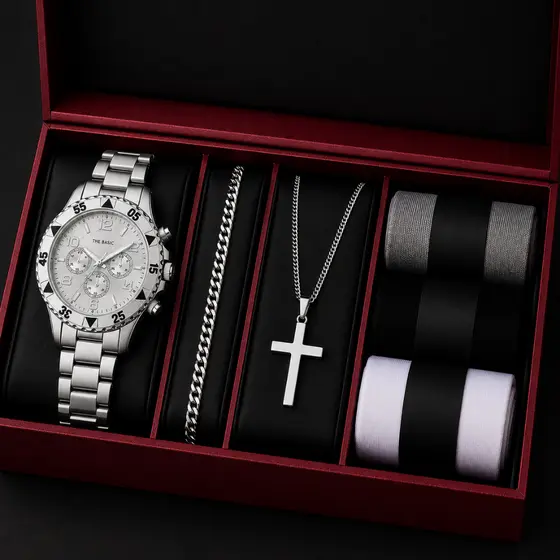 Kit Presente Masculino Relógio Aço Prova D'Água Corrente Cruz + Pulseira e 3 Meias