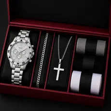 Kit Presente Masculino Relógio Aço Prova D'Água Corrente Cruz +  Pulseira e 3 Meias