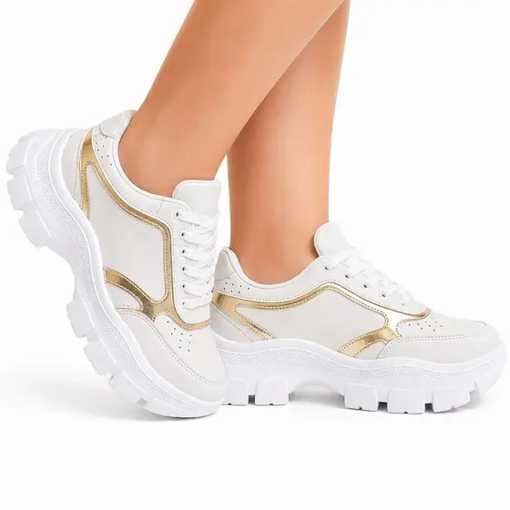 Tênis Casual Feminino Branco Plataforma Chunky Confortável Dia a Dia