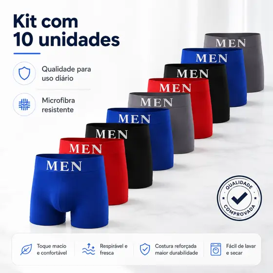 Kit 10 Cuecas Boxer Em Microfibra Adulto Premium
