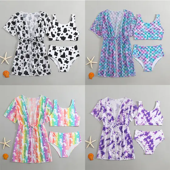 Maiô infantil de três peças em malha 2025 para meninas, maiô estampado de duas peças para meninas mais velhas SNQG
