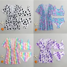 Maiô infantil de três peças em malha 2025 para meninas, maiô estampado de duas peças para meninas mais velhas SNQG