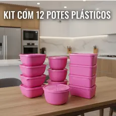Kit 12 Potes Plásticos Rosa com Tampa – Organizadores de Geladeira e Freezer – Marmita BPA Free