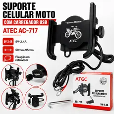 Suporte Para Celular Moto ATEC AC-717 Com Carregador USB 5V 2.4A Retrovisor 50-95mm