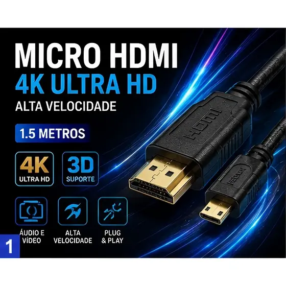 Cabo Micro HDMI para HDMI 2.0 4K Ultra HD 1.5m Compatível Câmera Tablet Monitor TV