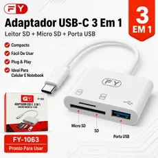 Adaptador USB-C OTG 3 Em 1 Para Celular Notebook Cartão SD Micro SD