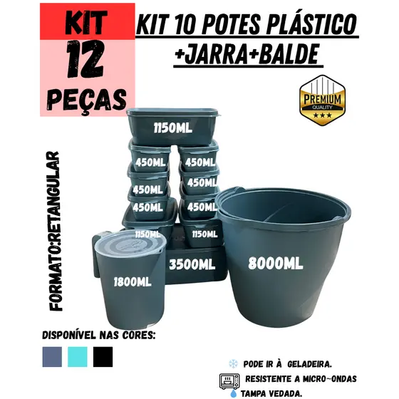 Kit Retangular Hermético 10 Potes + Jarra 1,8L + Balde 8L | Super Kit Organização Cozinha Alimentos Mantimentos