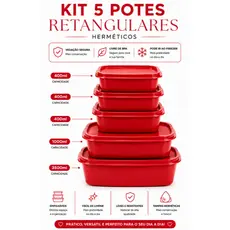 Kit 5 Potes Retangulares Herméticos (3500ml + 1150ml + 3x450ml) | Organização Cozinha Alimentos Mantimentos