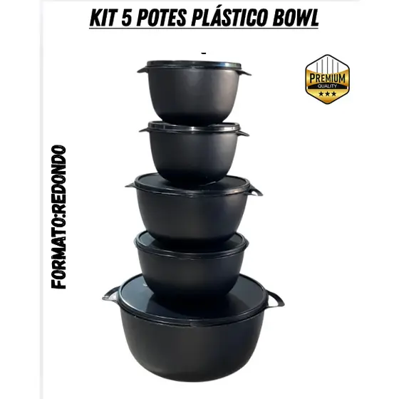 Kit 5 Potes Plásticos Redondos Bowl com Tampa Hermética 2800ml 2x1000ml 2x500ml BPA Free Cozinha