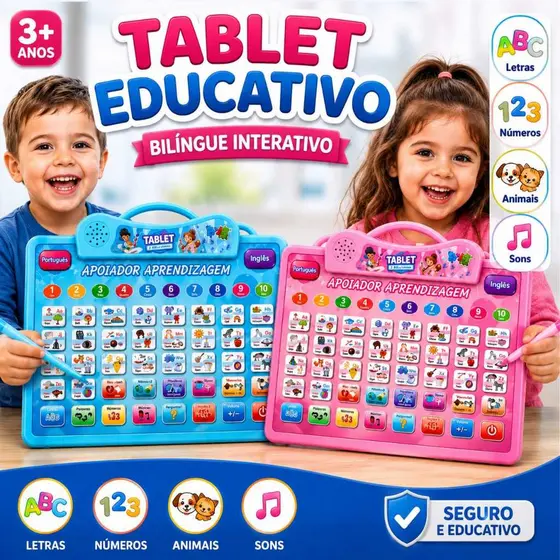 Tablet Infantil Educativo Bilíngue Português e inglês | Aprender Letras, Números, Palavras e Música