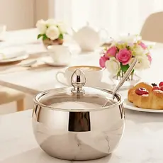 Açucareiro Inox com Tampa de Vidro – Porta Açúcar com Colher Cromada