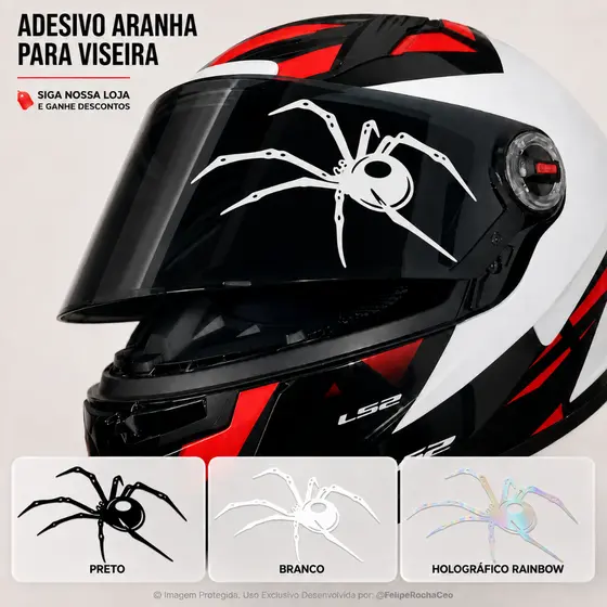 Adesivo Aranha para Viseira Capacete Moto Refletivo Holográfico Branco Preto 15x8cm Universal Estilo