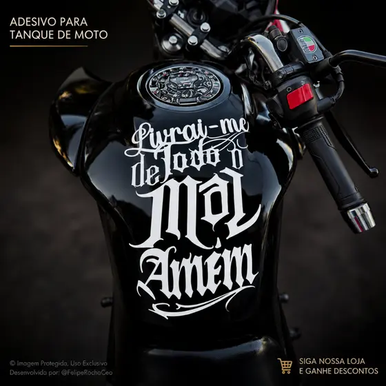 Adesivo Tanque Moto Livrai-me de Todo Mal Amém Vinil Recortado Fé Proteção Branco Preto Holográficos