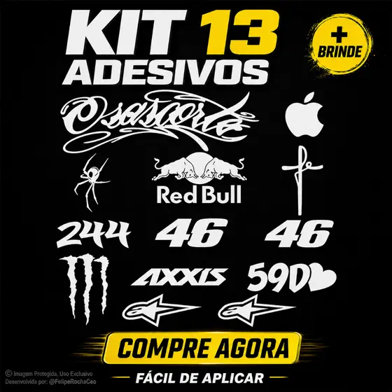 Kit 13 Adesivos Moto Bike Grau Osascorte Red Bull Axxis 46 Monster Apple Alpinestars Alta Fixação 3M