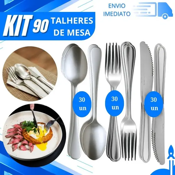 Combo 90 Talher Garfo Faca e Colher Aço Inoxidável Premium para Restaurante Buffet Cozinha e Casa Para mesa do Natal