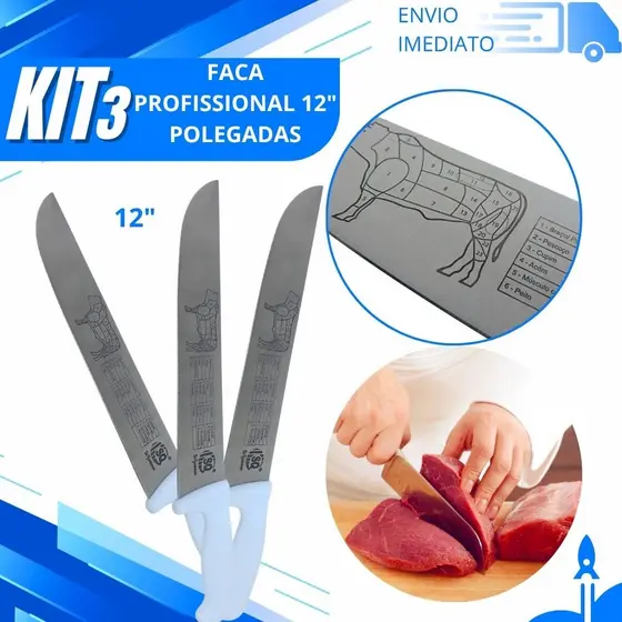 Kit 3 Faca Inox Cabo Branco 12" Polegadas Para Cortar Carne de Açougue de Restaurante e Churrasco Ano novo