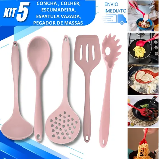 Utensílios Silicone para Cozinha Kit Concha Colher Arroz Escumadeira Espátula Vazada Pegador Massa