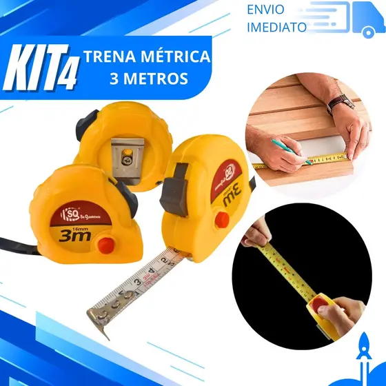 Kit 4,3 ou 1 Trena 3M Compacta Fita Métrica de Aço com Trava Segura Ideal para Obras e Reformas