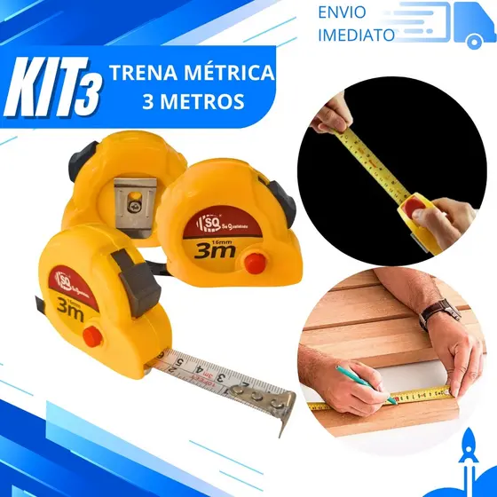 Kit 3/2/1 Kit Trena de Medição 3 Metros Profissional Fita Métrica com Clip e Trava Para Obras Reformas
