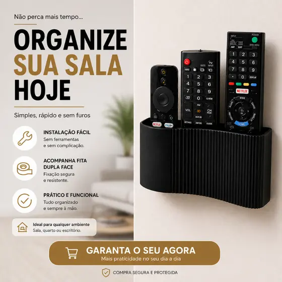 Porta Controle Remoto De Parede Organizador 3 Controles Universal Adesivo Sem Furar