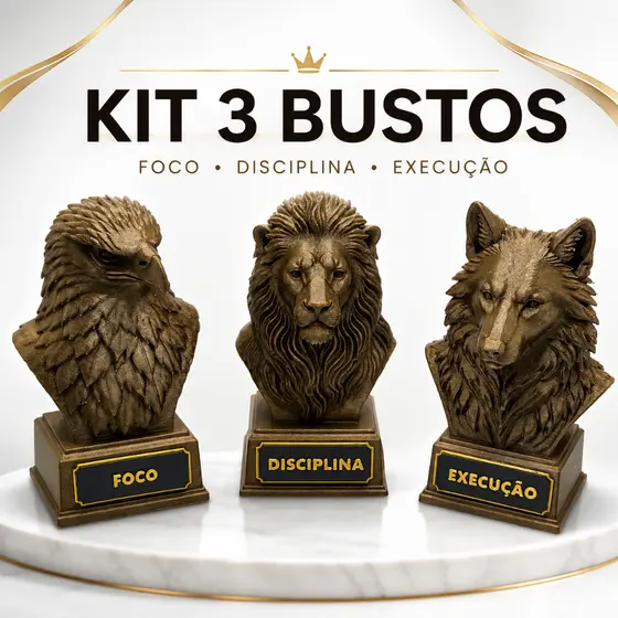 Kit 3 Estátuas Decorativas Águia Leão Lobo Foco Disciplina Execução Premium