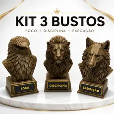 Kit 3 Estátuas Decorativas Águia Leão Lobo Foco Disciplina Execução Premium