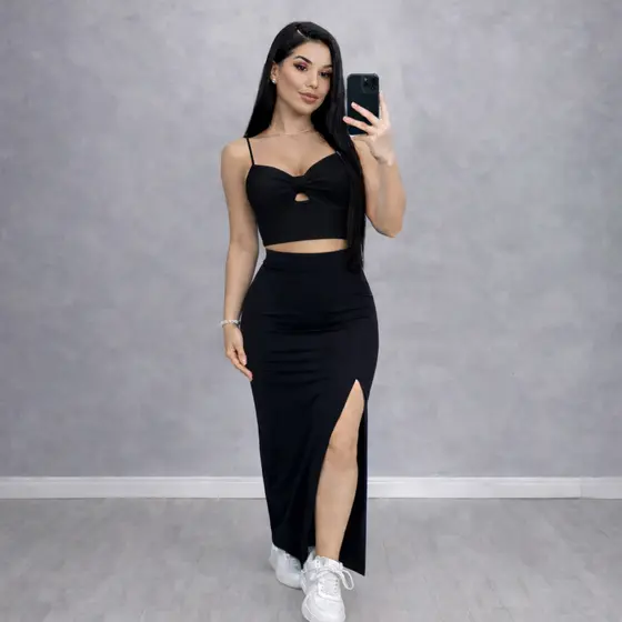 Conjunto Feminino Ou Cropped Nó e Saia Longa Tubinho Suplex
