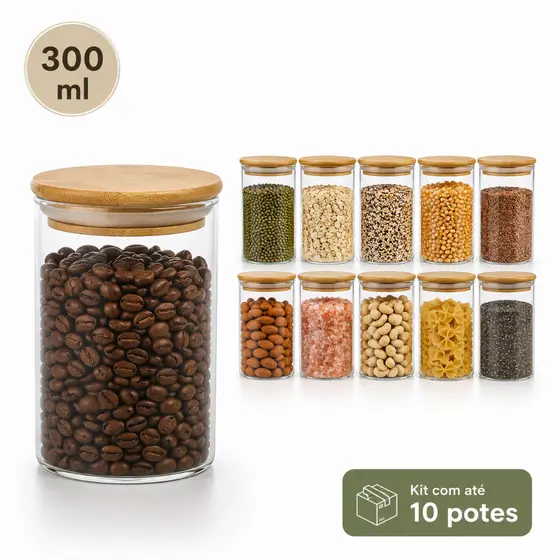 Pote Hermético 300 ml de Vidro Tampa Bambu Organizador Cozinha Mantimentos Temperos Grãos Cereais