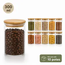 Pote Hermético 300 ml de Vidro Tampa Bambu Organizador Cozinha Mantimentos Temperos Grãos Cereais